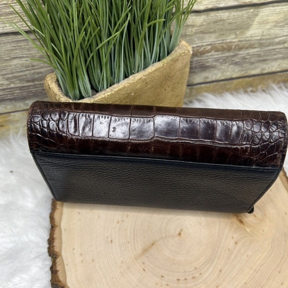 Vintage Brighton Black Pebbled Genuine Leather Croc Trim Clutch Organizer Wallet - Picture 6 of 16